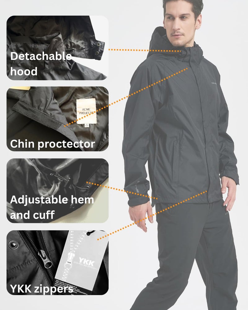Acme Projects Men's Rain Suit (Jacket + Pants), 100% Waterproof, Breathable, Taped Seam, 10000mm/3000gm, YKK Zipper (as1, alpha, l, regular, regular, Navy) - Image 3